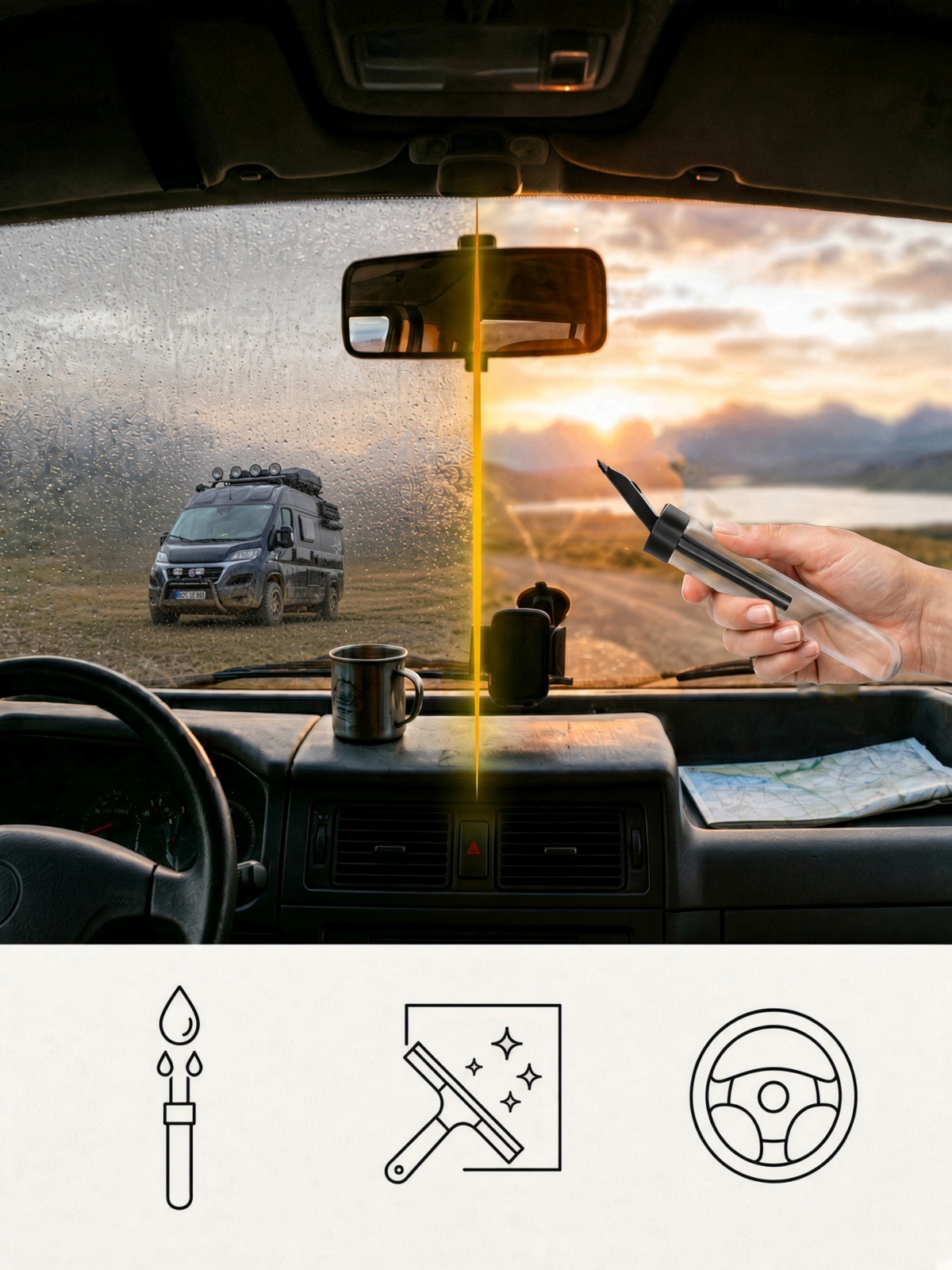 La Raclette anti-condensation pour pare-brise – Réservoir d’eau dans le manche – Fourgonnette | Camping-car | Voiture
